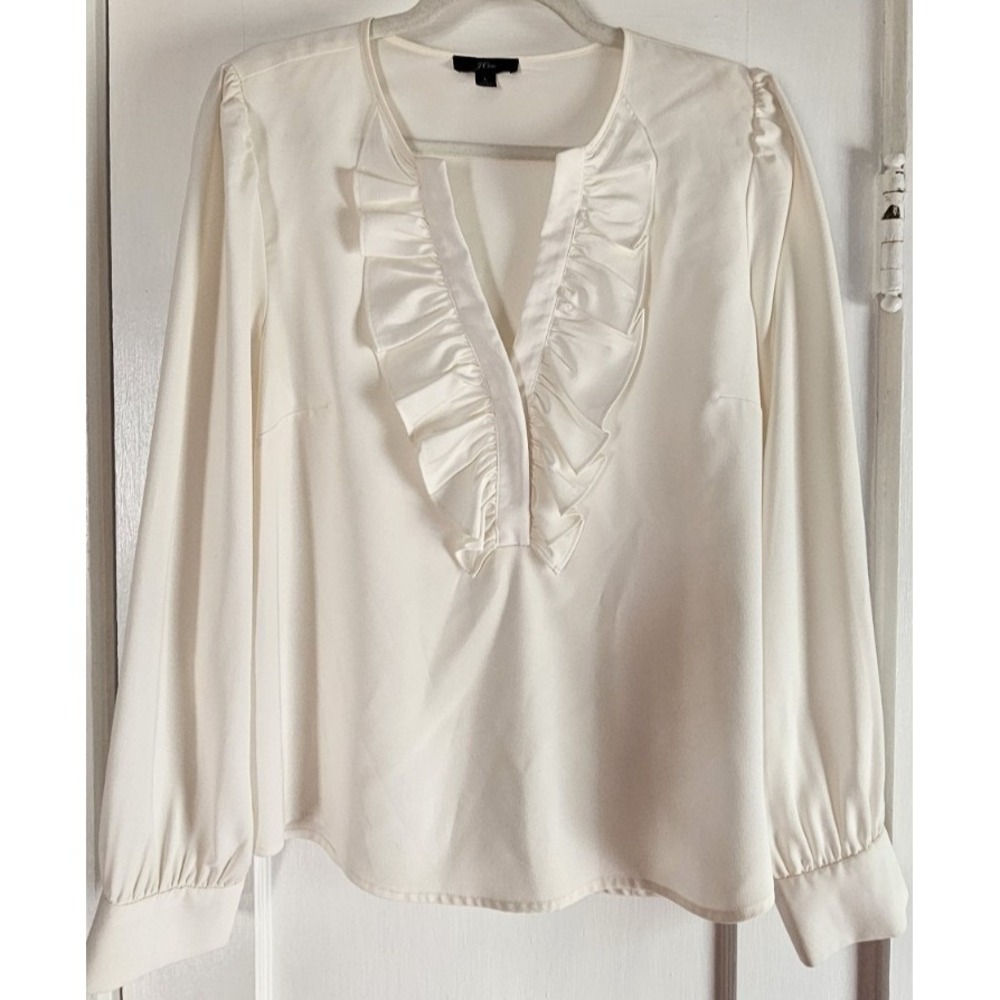 J.CREW long sleeve ruffle front top in satin crept woman Sz‎ L  off white